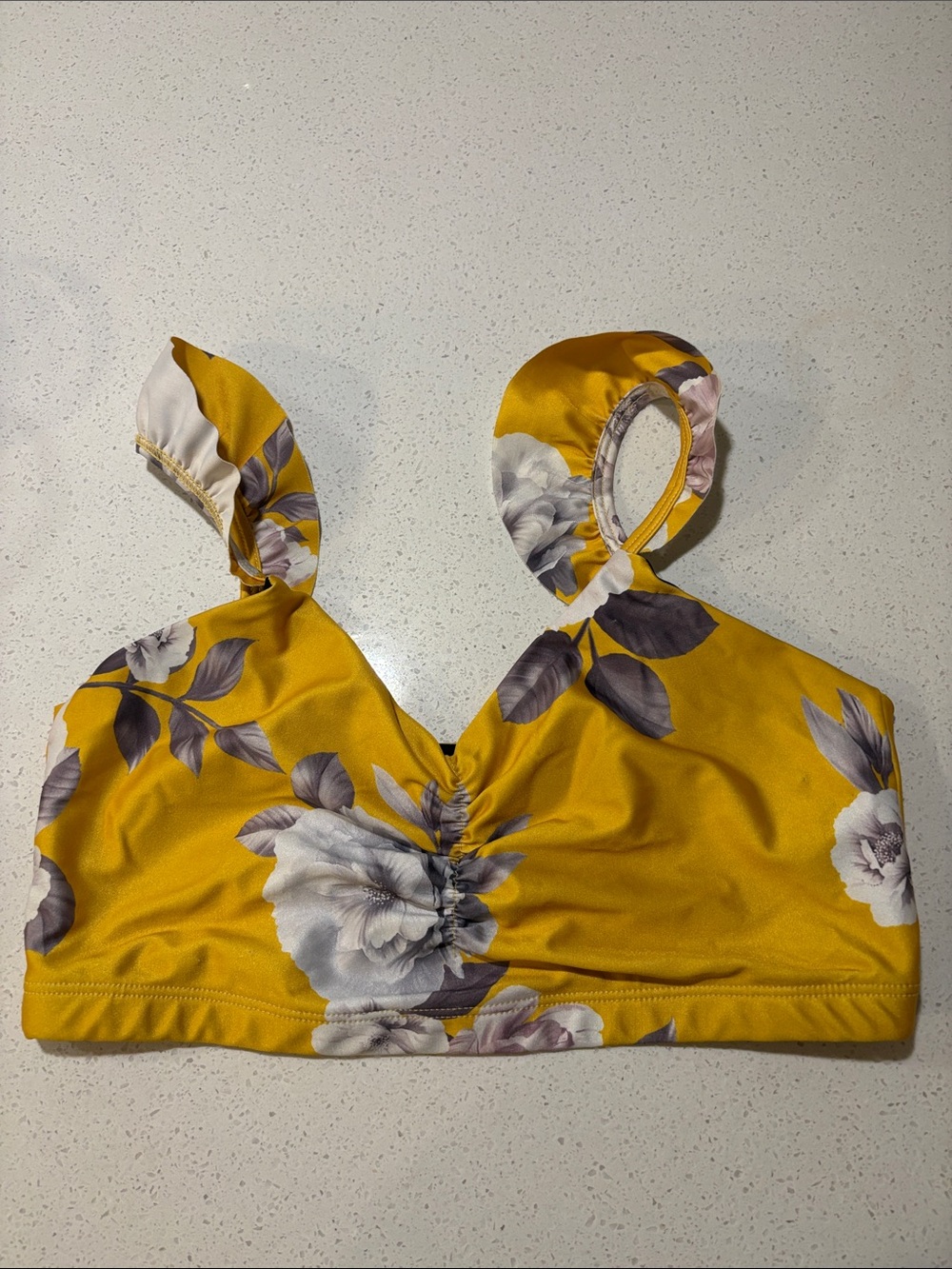 Onzie Mustard Yellow Floral Ruched Crop Top